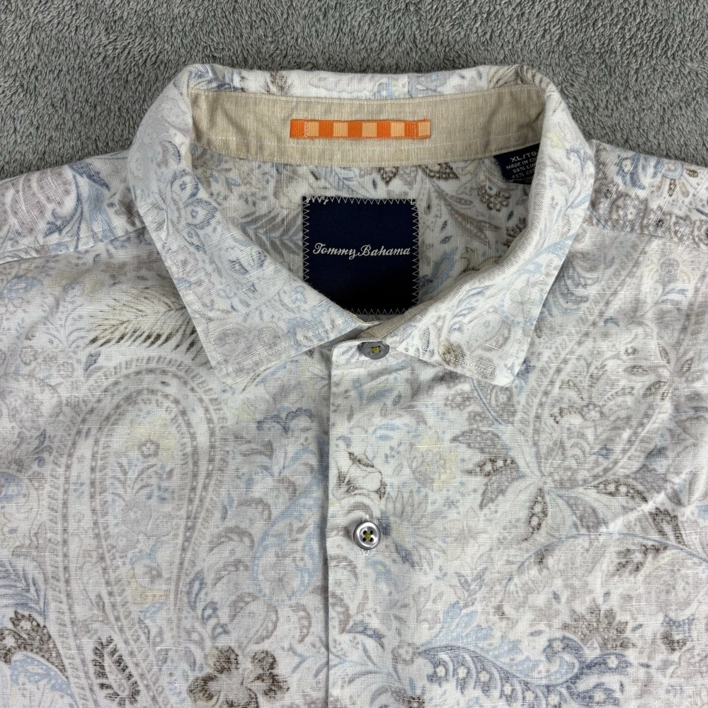 Tommy Bahama Men XL Tan Blue Floral Long Slv Paisley Linen Cotton Blended